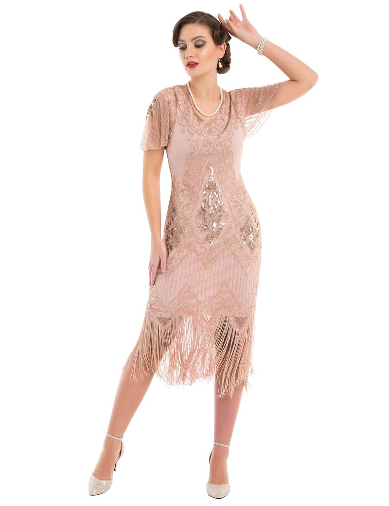 PrettyGuide Women's 1920s Flapper Dress Fringed Great Gatsby Dress M Rose Gold - Image 2